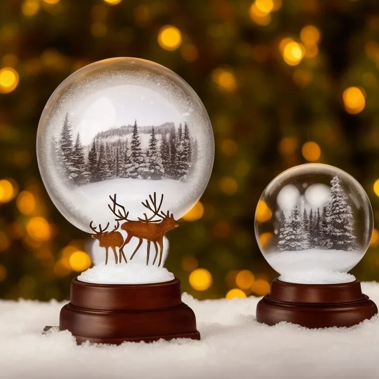 a 16k hyperrealistic snow globe sitting on an oak wooden desk, inside the snow globe there are snowy mountains to the back left and snowy pine trees surround a reindeer with large antlers while snow falls inside