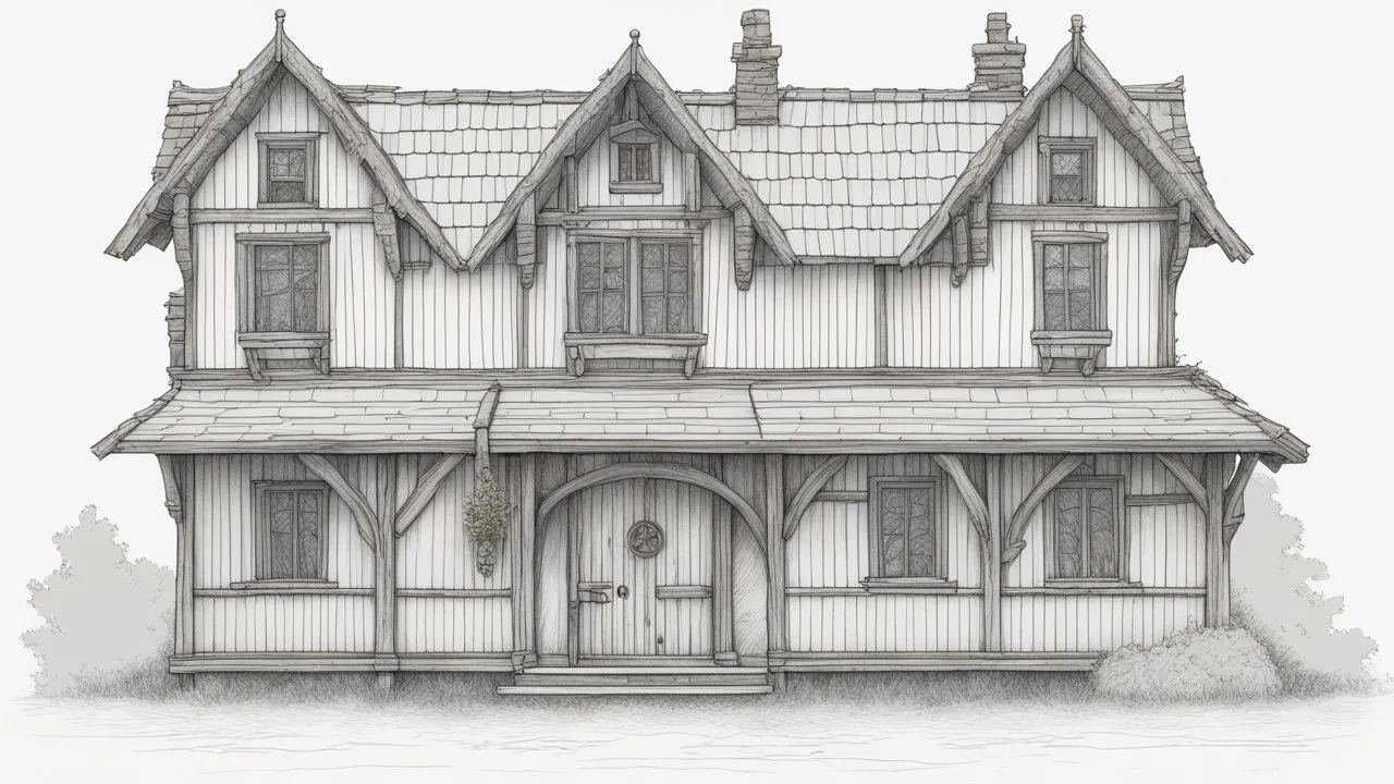 A front elevation line drawing of a fantasy mediaeval ramshackle house.