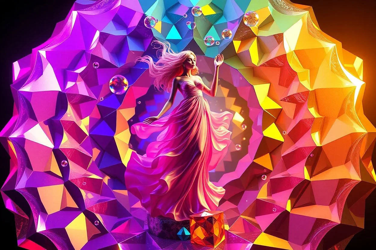 very complex structure ,pretty color environment 3d metalic and crystal recursive animating beveled geometric base very complex structure emiting mirror bubbles that broke, goddess lady in a pretty cleric dress comes out dancing gracefully , viberating color moving very in modern city escape environment while camera tracking it.