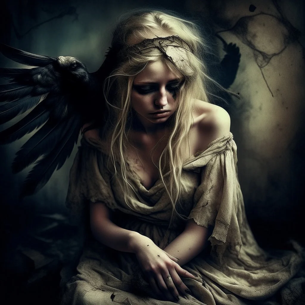 In a lucid dream I meet a fallen angel, blindfolded with old cotton rags, blond wild hair, tired and disconsolate, an old cartoon dress draped over her shoulders, head bent down, damaged skin. She is accompanied by a blind crow on her shoulder. Subtle light, dark grunge background, a grunge overlay. Small depth of field, blurred image. Surrealistic lighting.