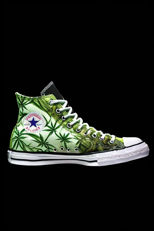 A red converse sneaker with weed leaves printed on the material, green, yellow and red colors