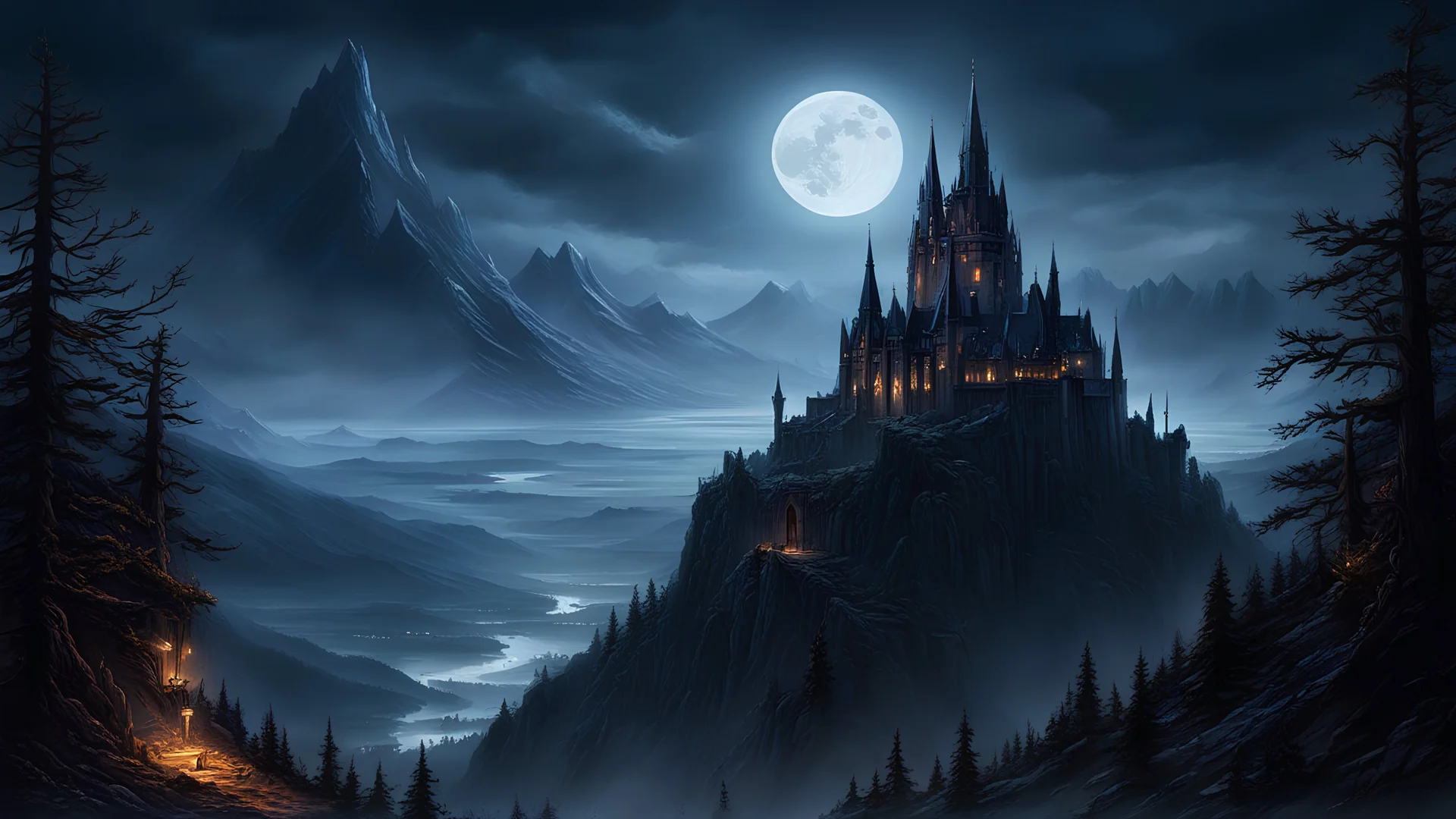 a masterful digital fantasy painting in the style of Greg Rutkowski Dan Mumford and Caspar David Friedrich , a dark tall and gothic vampire castle sits atop a creepy mountain spire, moonlit, night, masterpiece, 8k, award winning, high quality, best quality, cinematic, extremely detailed, intense lighting, epic