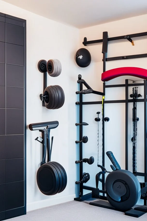 Home gym, wall with a kabinet with weights and small gym equipment.