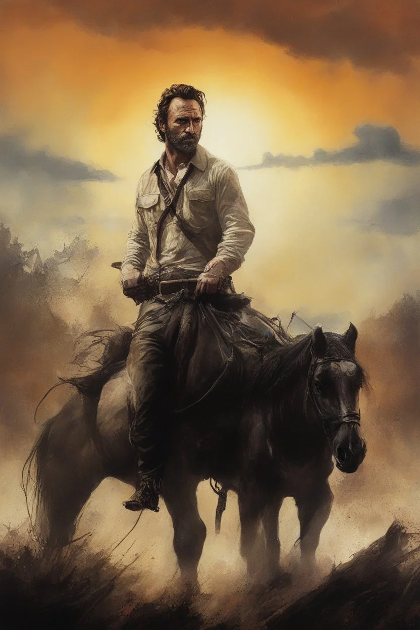 Andrew Lincoln as "RICK GRIMES" movie poster (the walking dead) in the art style of Frank Frazetta