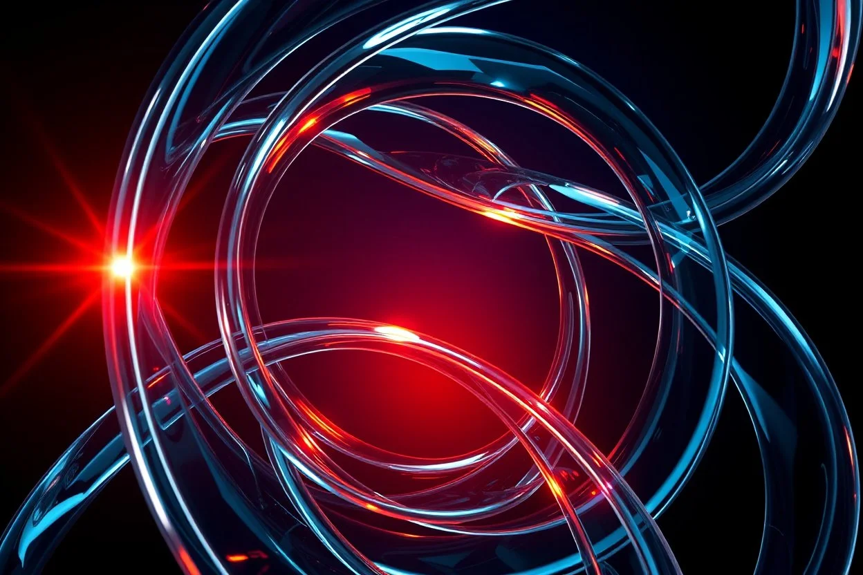 A mesmerizing abstract composition of interlocking glass and chrome ribbons swirling together. A fiery core of orange and red light pulses at the center, creating sharp highlights on the polished surfaces. The background transitions into deep navy shadows, emphasizing the high-contrast lighting. Fluid textures and a high-tech, futuristic mood.