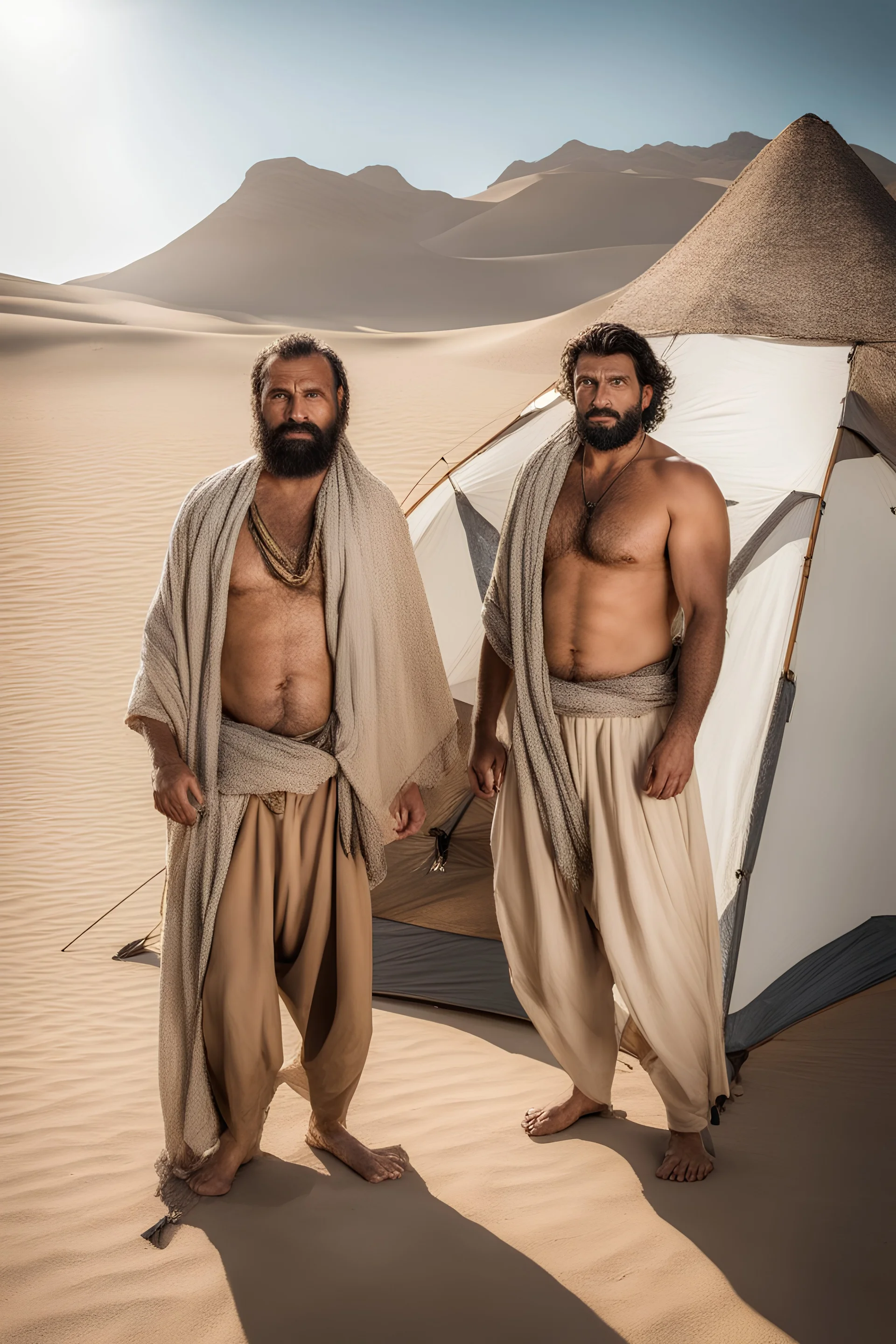 half figure photography of two serious ugly brawn 35-year-old burly beefy bullneck arabs tourist guides wearing bulging traditional trousers, shirtless, big shoulders, hairy chest, manly chest, with very bushy eyebrows, photorealistic, sunlight, ambient occlusion, strong side light , inside a camping tent in the desert