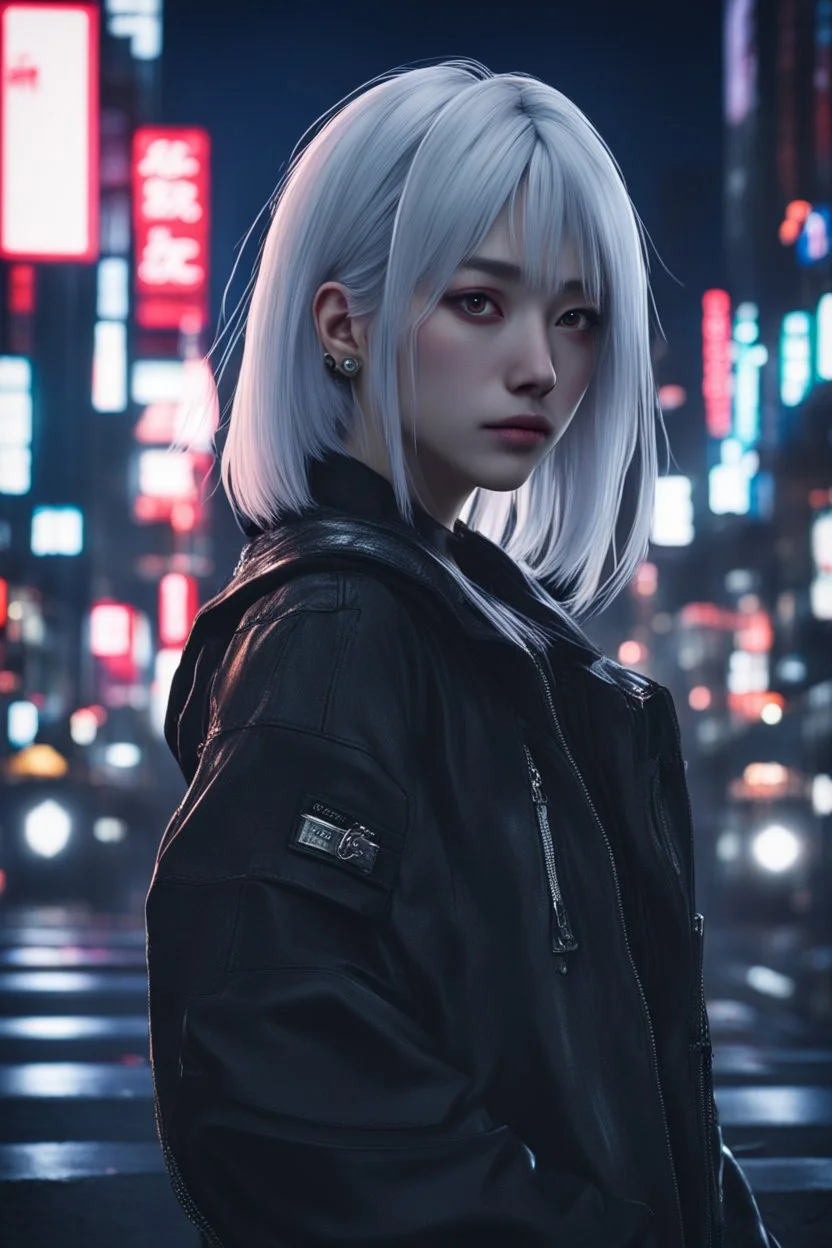 1girl,(8k, RAW photo, best quality, masterpiece:1.3),(realistic,photo-realistic:1.37),(night),(looking at viewer:1.331),(white hair),posing,Tokyo street,nightcityscape, , cyberpunk city,soft light,1girl,extremely beautiful face,bust,put down hands,Random hairstyle,Random expression,big eyes, ,lower abdomen,(short-sleeved JK_shirt),JK_style,(dark blue JK_skirt) ,(bow JK_tie),,mix4, an extremely delicate and beautiful girl, depth of field, blurry background, blurry foreground,, delicate, beautifu