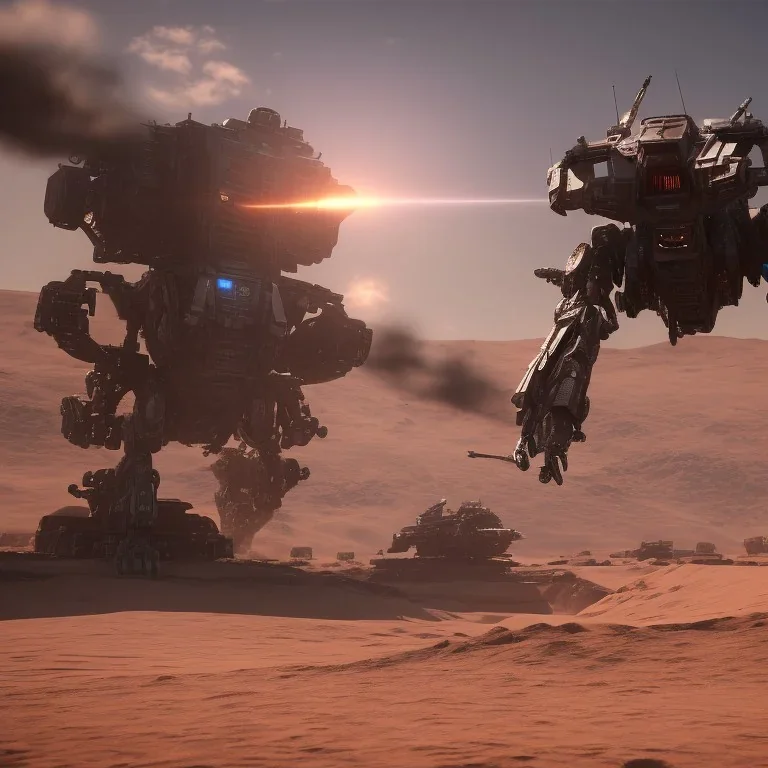 Armored Core machine robot fights another Armored Core fly in the sky in the desert with the ocean where you can see the space in the sky with the twilight on the horizon, 4k resolution