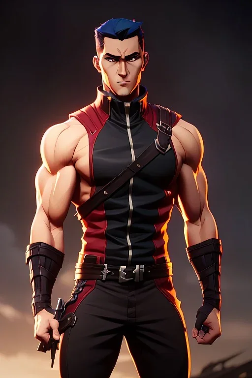 j.scott campbell, muscular ninja assassin, full head to toe portrait, athletic build, wearing black and red baggy pants with pockets, tan skin, big boots, two swords crossed behind back, dark hazel eyes, eyes are both in proportion and green, 3/4 look, 5 o'clock shadow, short brown hair, large arms and hands, standing, dark cobblestone alley, one halo white light behind head, non photorealistic rendering