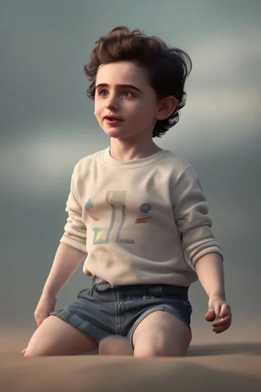 Timothee chalamet toddler, full body, jump, bokeh, hyper realistic