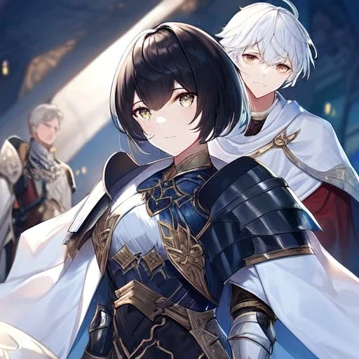 Girl with white hair wearing white robes. Boy with black hair wearing leather armor