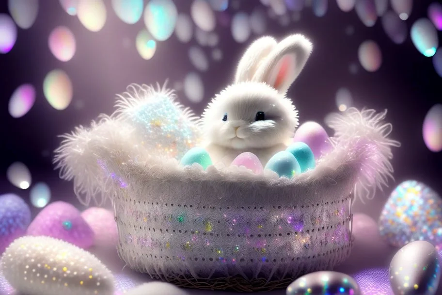 cute chibi plushy fluffy knitted and embroidered natural colored easter bunny in basket, feathers, easter eggs, iridescent flowers incorporated, light emitting, cracked bioluminescent holographic marble background, silver foil, sparkling diamonds, holographic raw pearls, ethereal, cinematic postprocessing