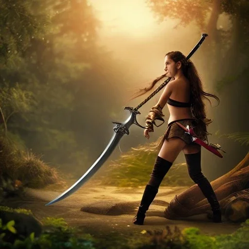 realistic, young spanish pirate girl with a sjprt sword, fighing a crab metal monster in the forest. 3k, cinematic, gloom lights