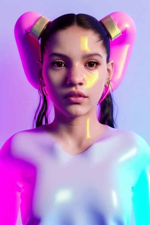 Ultra Realistic image, Rosalía artist, portrait, normal complexion, natural small busty, traditional big Japanese tattoo, two bows, little chopsticks hair ,black eye long liner, latex t-shirt, inflatable open coat, gold pink and blue style, spray line glow make up, geometric led jewelry, fog, hot, inflatable style latex coat, vibrant color, highly detailed, art stations, concept art, smooth, unreal engine 5, god rays, ray tracing, RTX, lumen lighting, ultra detail, volumetric lighting.