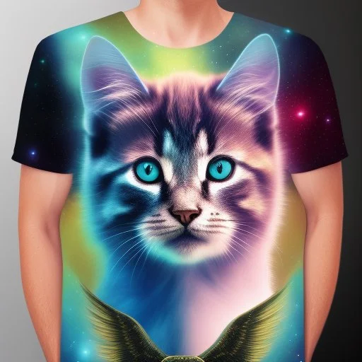 Stylized coloful vibrant heavy metal kitten concept tshirt design divine kitten of destruction angels of death core, centralized image, gradients, flat white background