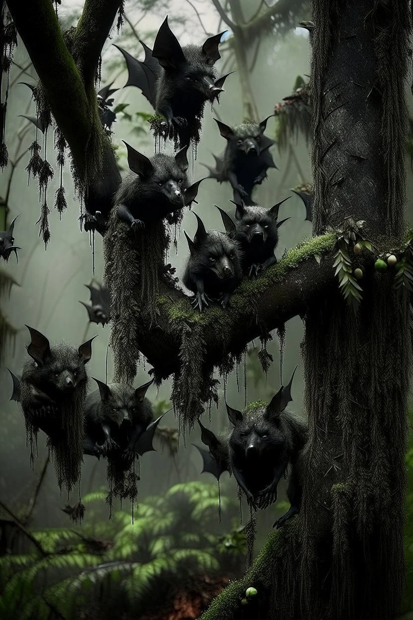 A group of black bats hanging upside down from a tree without leaves . The tree skin is covered in moss and lichen, allowing it to blend seamlessly into its surroundings. Forest Spirits feed on the energy of trees and can create thick fog to confuse their victims.