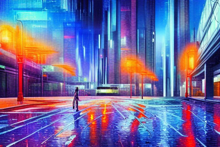 Futuristic cyberpunk building street foreground, impressionism painting