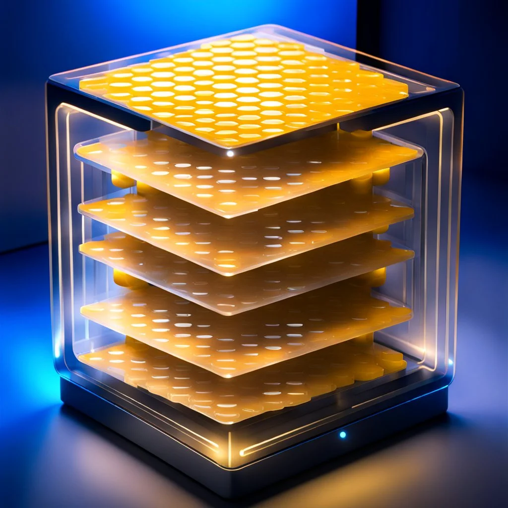 a futuristic translucent neurocube, inside the cube there are partitions made of honeycomb plates