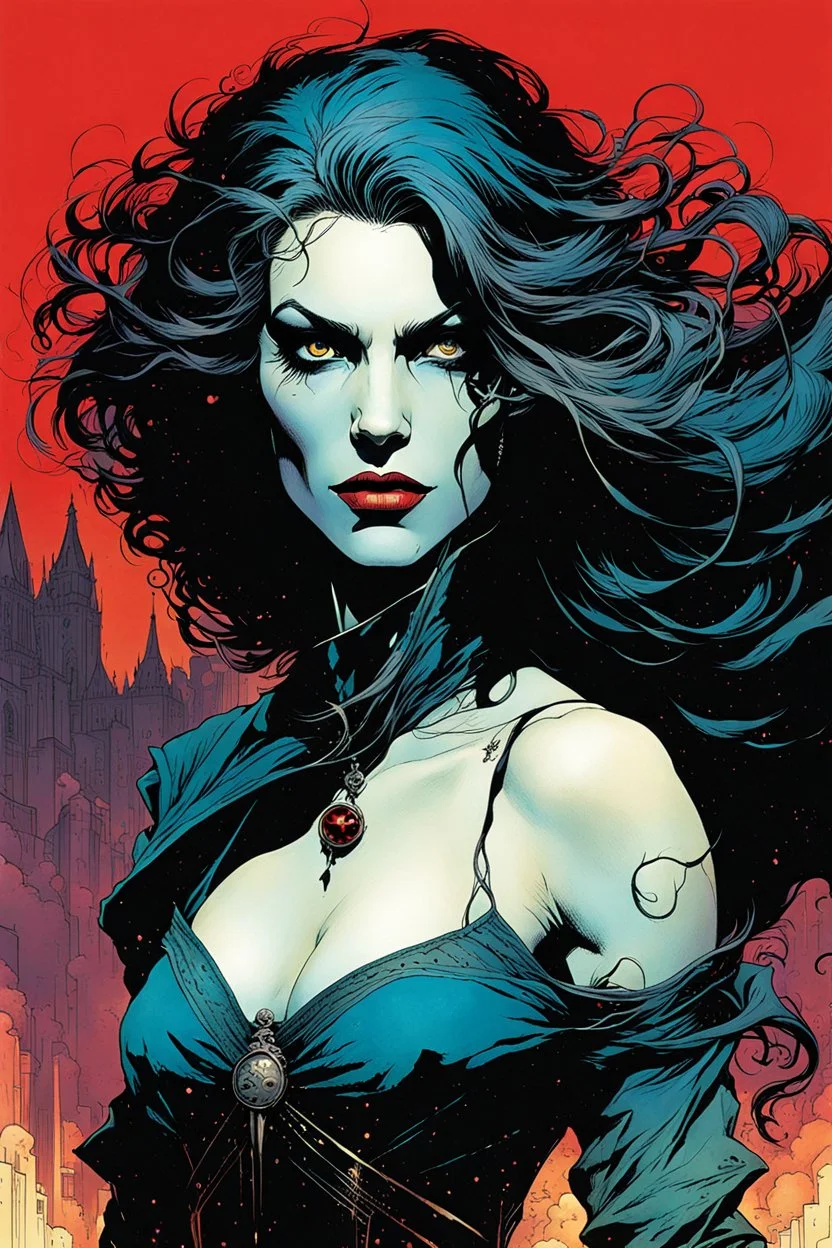 create an ethereal, otherworldly female Ravnos vampire time traveler , in the comic book art style of Mike Mignola, Bill Sienkiewicz, and Jean Giraud Moebius, with highly detailed feminine facial features , finely inked , dramatic natural lighting