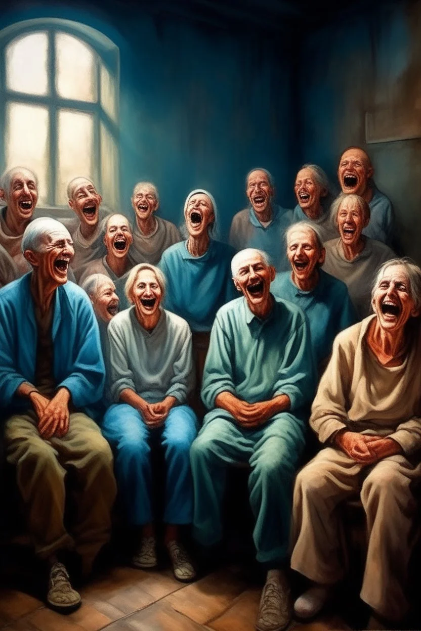 A group of lunatics are sitting in a hall watching television. They are laughing.Busch painting style