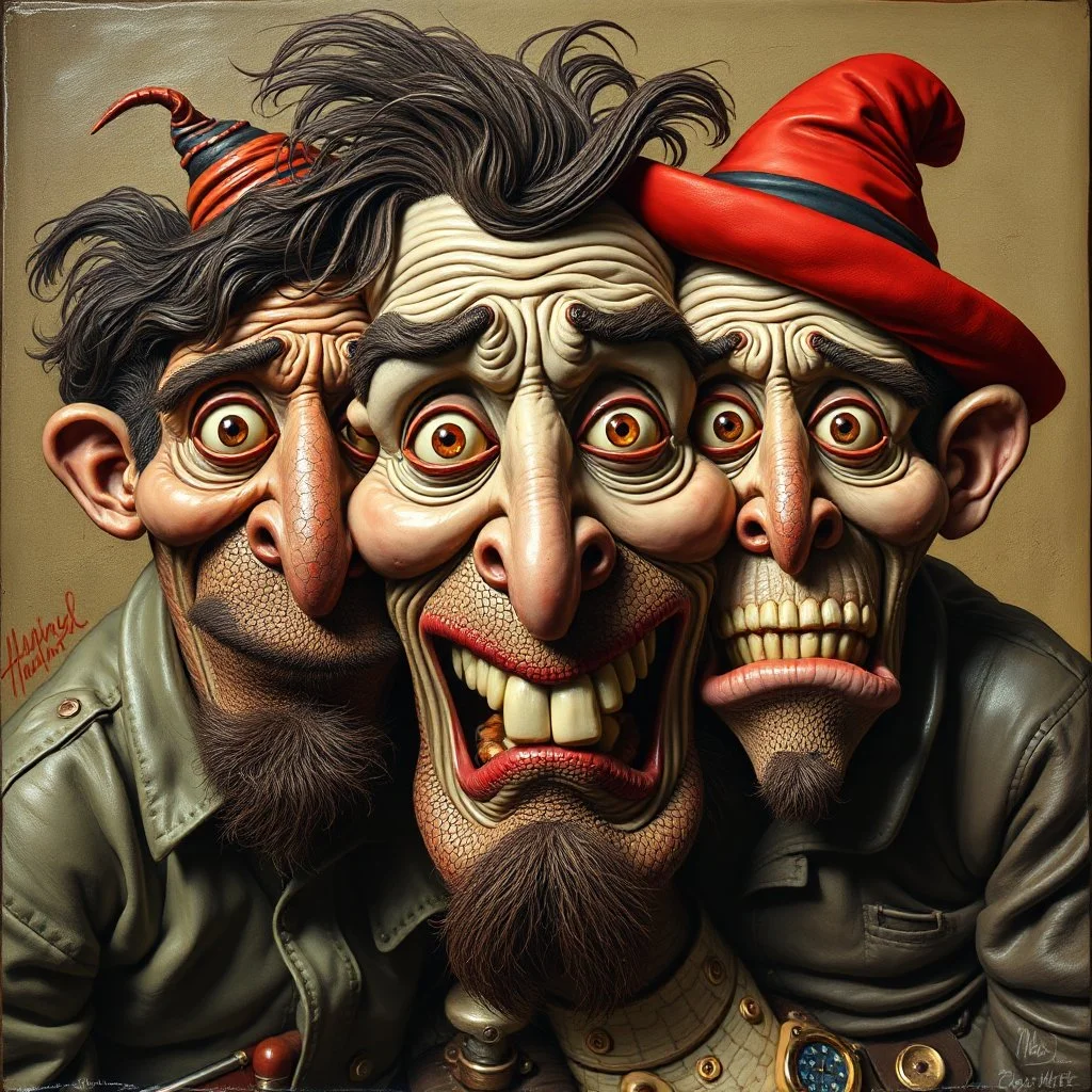 The oddest and funniest coagulation and mixture of friends, glossy finish, details very accentuated, stunning style, oniric, Max Ernst, hyperphotography, blatant, gross, caricature, very funny