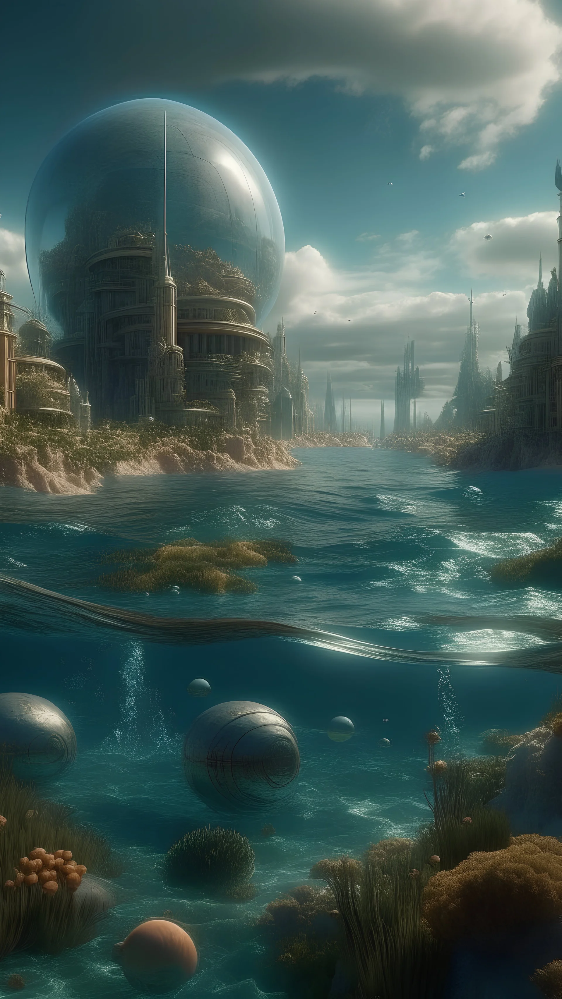 The earth 2000 years ago, clean city, Clean sea water. Surreal, wonderful craftsmanship, depth of field, sharp focus, unique art, 8k, mysterious