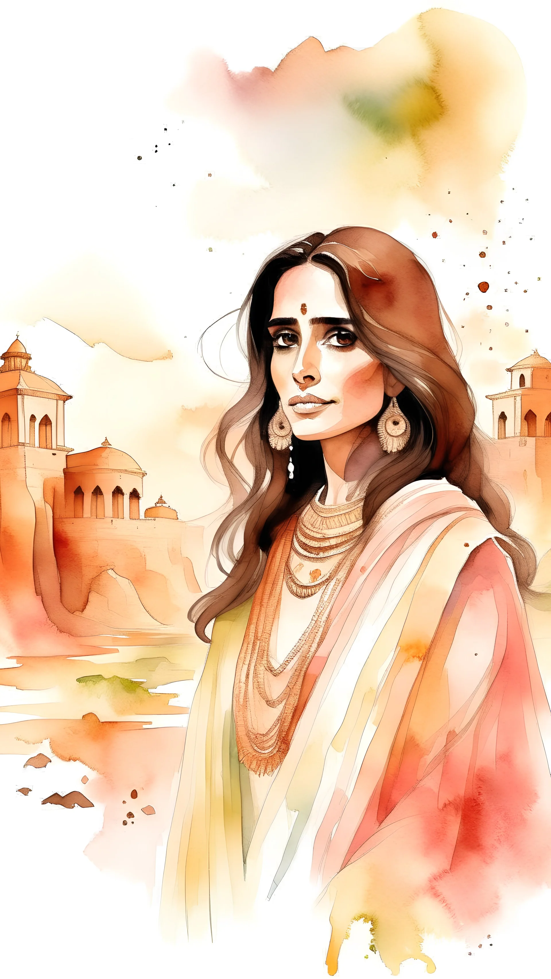 Delicate watercolor illustration, salma hayek, dejah thoris, mayan ruins background, Warm color palette, Pastel colors, White background, Cozy