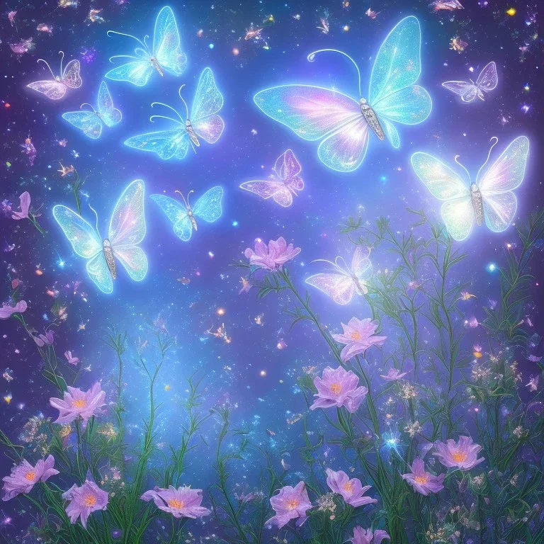 garden with subtle cristal transparent bright glitter blue butterfly, light, galactic, subtle flowers