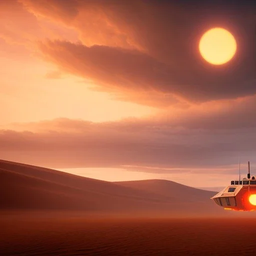 volumetric desert environment, Ralph McQuarrie style painting of an armored hovercraft with cannon, floating in the air, highly detailed, minutiae, clouds, storm, renderman, duststorm at sunrise,