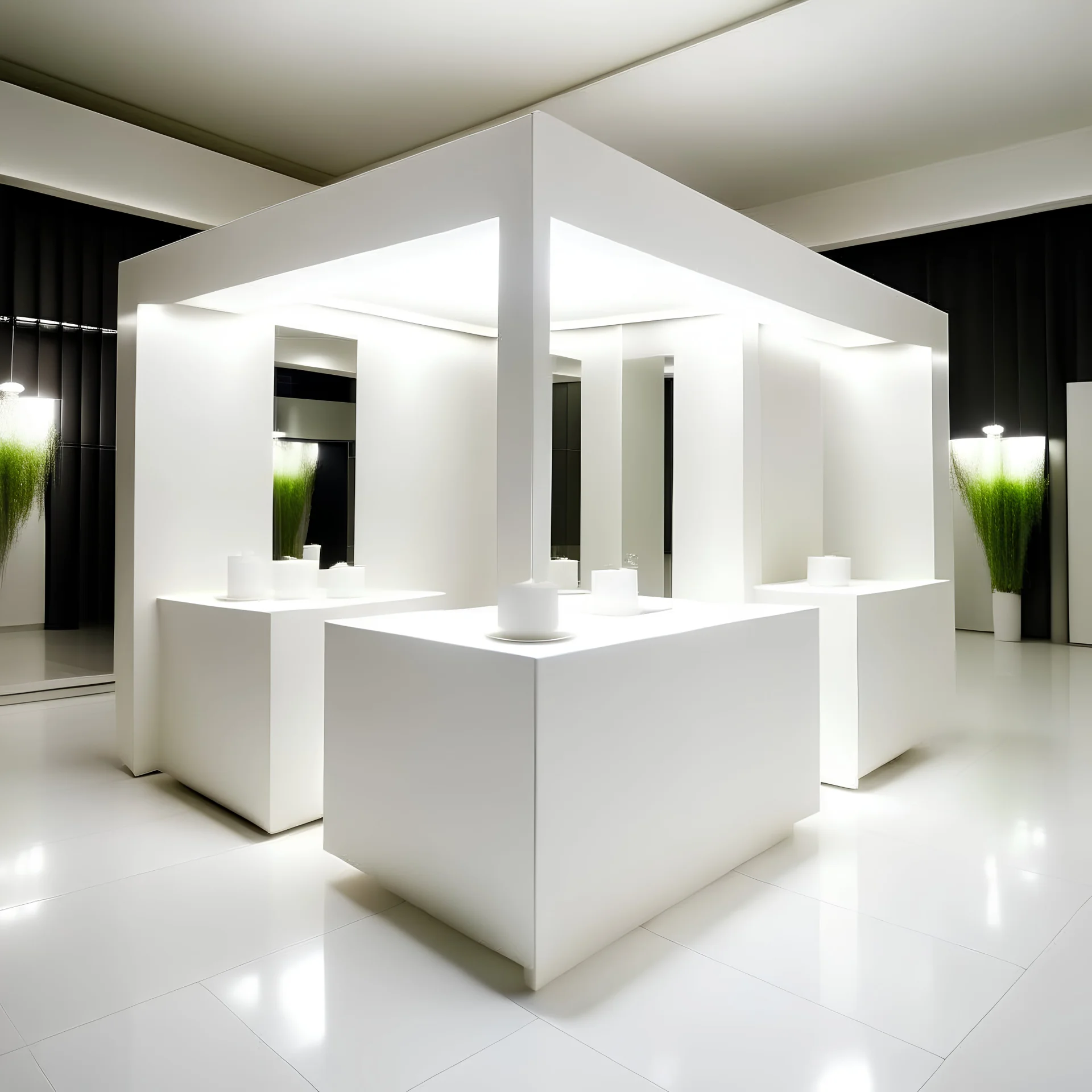 Design a booth to display wedding dresses at an exhibition. square shape Inside it is a fitting room and a reception table In a simple, modern style, open from all sides ,White color