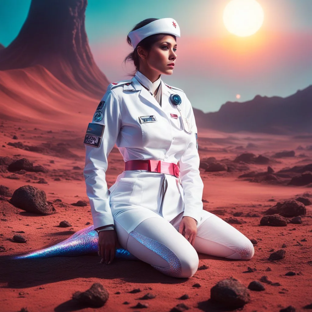 [ultra realistic 8k photo] On the chaotic battlefield of an alien world, a nurse clad in a white short nurse uniform from Agent Provocateur straddles a wounded alien. The alien, a magnificent creature with iridescent scales shimmering under the harsh alien sun, lies sprawled on the ground, its body a tapestry of exotic colors and patterns.