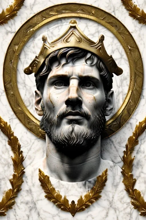 Ultra Realistic image, Roman sculpture, white marble material, Lionel Messi, gold Laurel leaves wreath, renaissance ornaments, radial gold lines, one gold star in heart, radial wave lines ornament, geometric ornaments, blue marble background, chisel style, waist up portrait, emperor style, epic, celestial, cinematic lighting, God light, god rays, 4k resolution, smooth details, ornate details, soft lighting, unreal engine 5, art station, substance 3d.