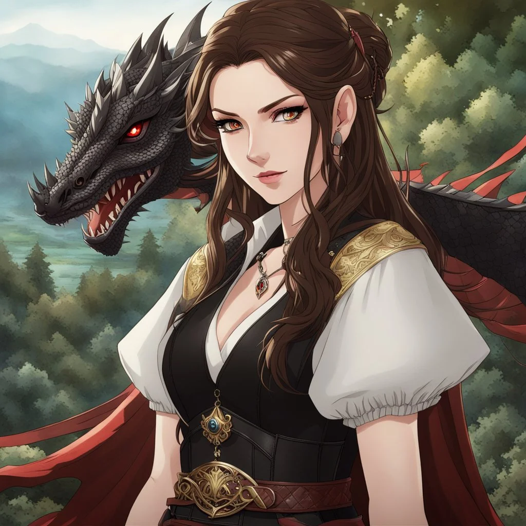 An arrogant looking young woman with pale skin and long brown hair in an outdoor fantasy setting with intricate details with a dragon flying in the far distance of the background. She is smirking, wearing black and read leather, has red eyes, an air of malevolent power surrounds her. Anime style. High definition.