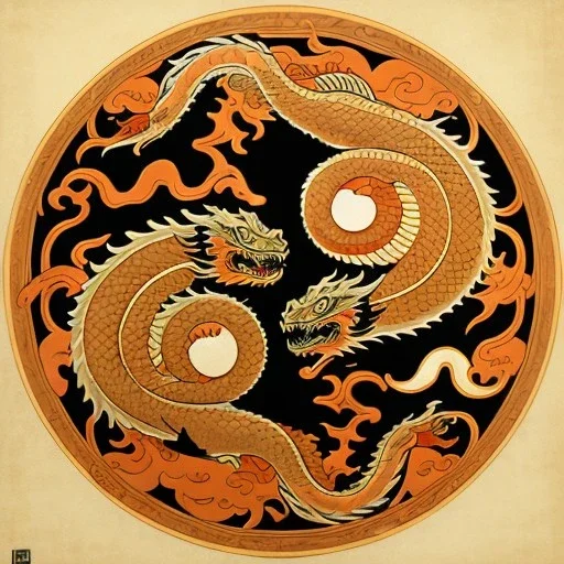 Ukiyo-e styled art, yin and yang sign,dragons