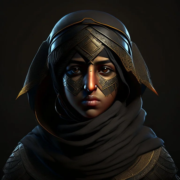 Arab warrior girl, rounded, 3D, 8k, black background