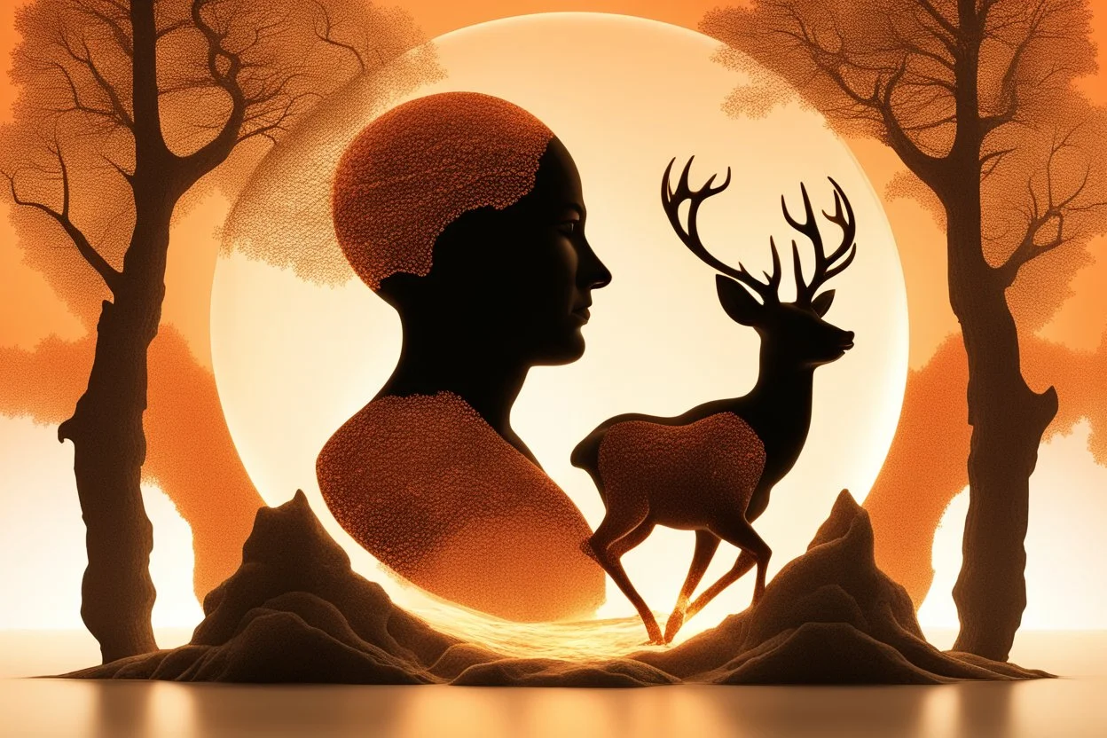 a globe made of glowing orange-red salt material covered in gold lace, about 60% of which is visible, with a glowing light inside, double exposure, in the foreground a black silhouette of a deer jumping dynamically, in the background a landscape with a beautiful forest and a waterfall in the sunlight