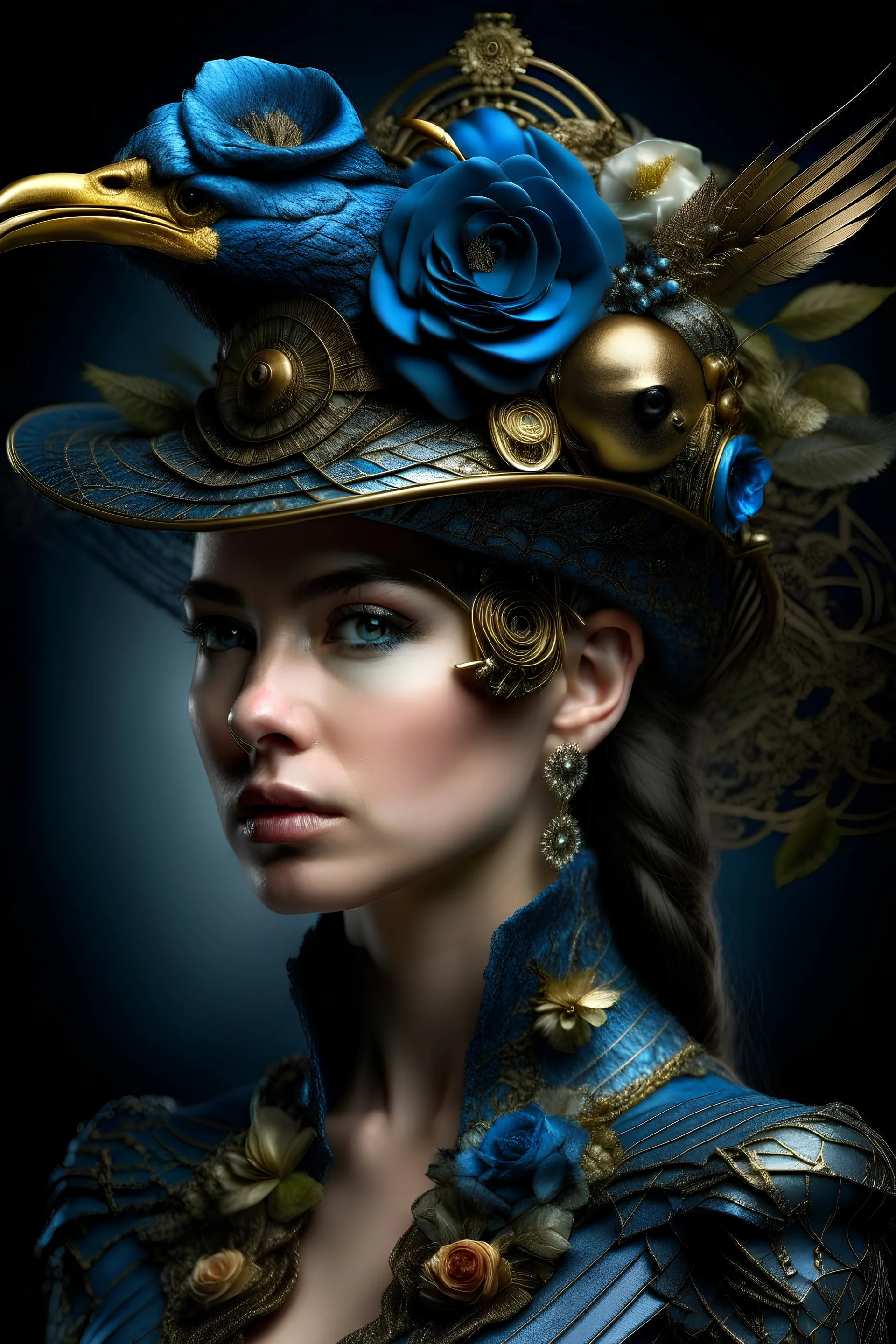 beautiful young faced woman, adorned with techno gotica eagle bird head and rose, and cathalea floral rococo punk hat headress ribbed with light blue zafire, golden dust, metallic paper quilling headress, wearing paper quilling gold and azurit mineral stone ribbed jacket dress organic bio spinal ribbed detail of decadent dark gothica background extremely detailed hyperrealistic maximalist concept art