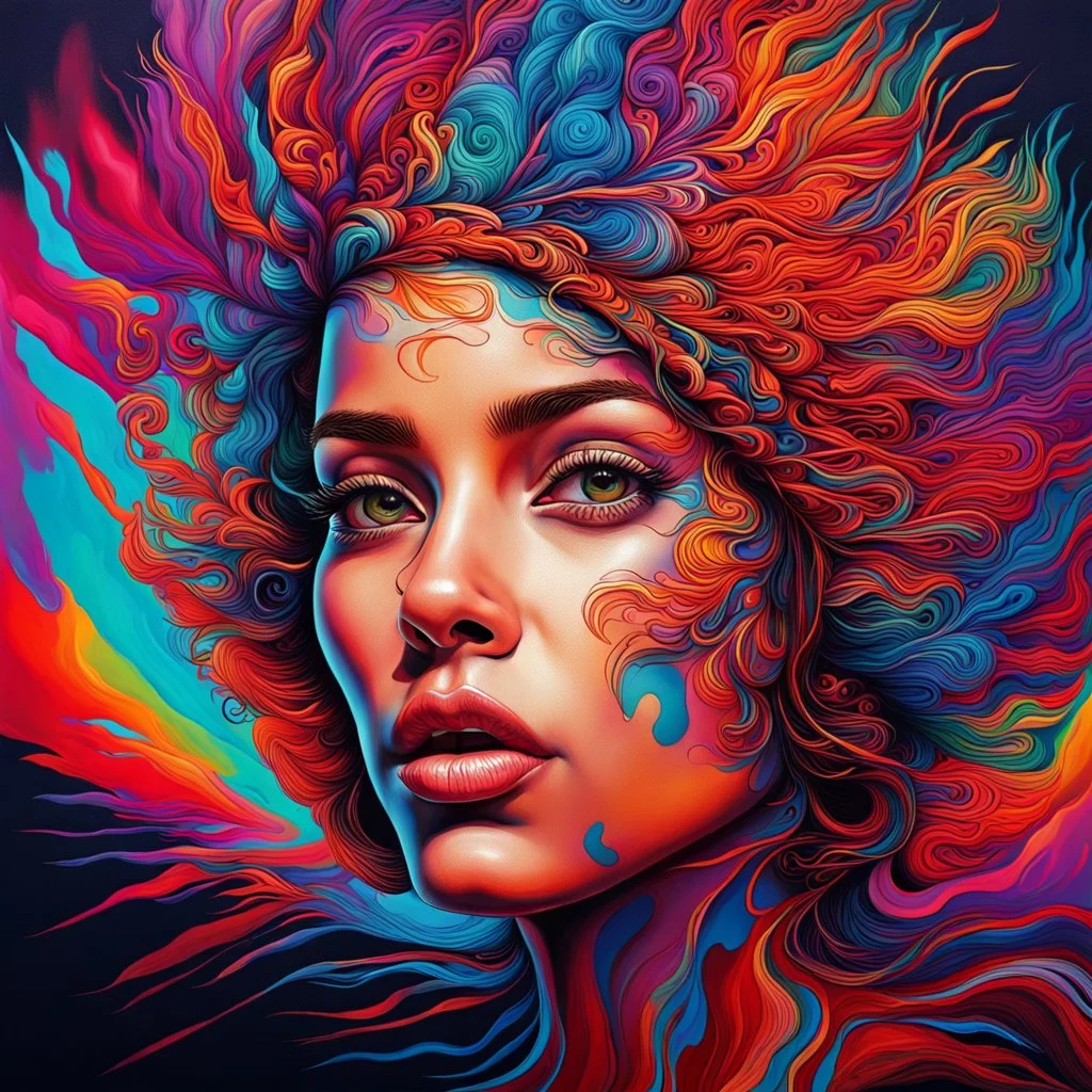 a painting of a woman's face with a colorful background, an ultrafine detailed painting by ESAO, behance contest winner, psychedelic art, airbrush art, detailed painting, behance hd