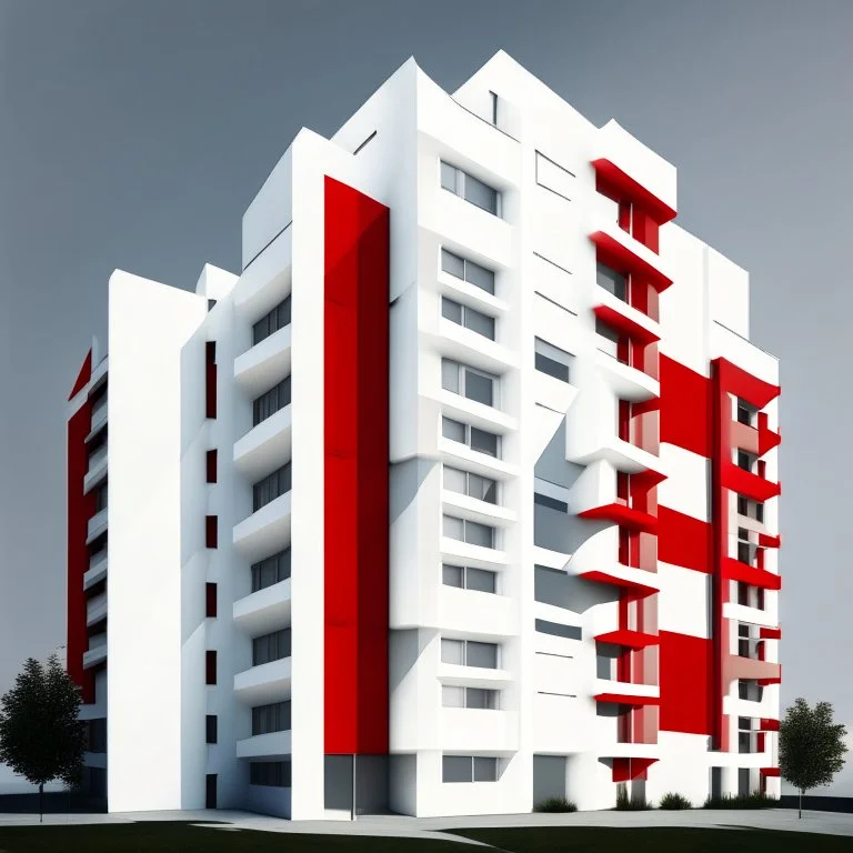 Fachada frontal edificio moderno 10 metros de altura 3 apartamentos colores blanco y rojo crema detallado preciso sombras impactante obra de arte 8k