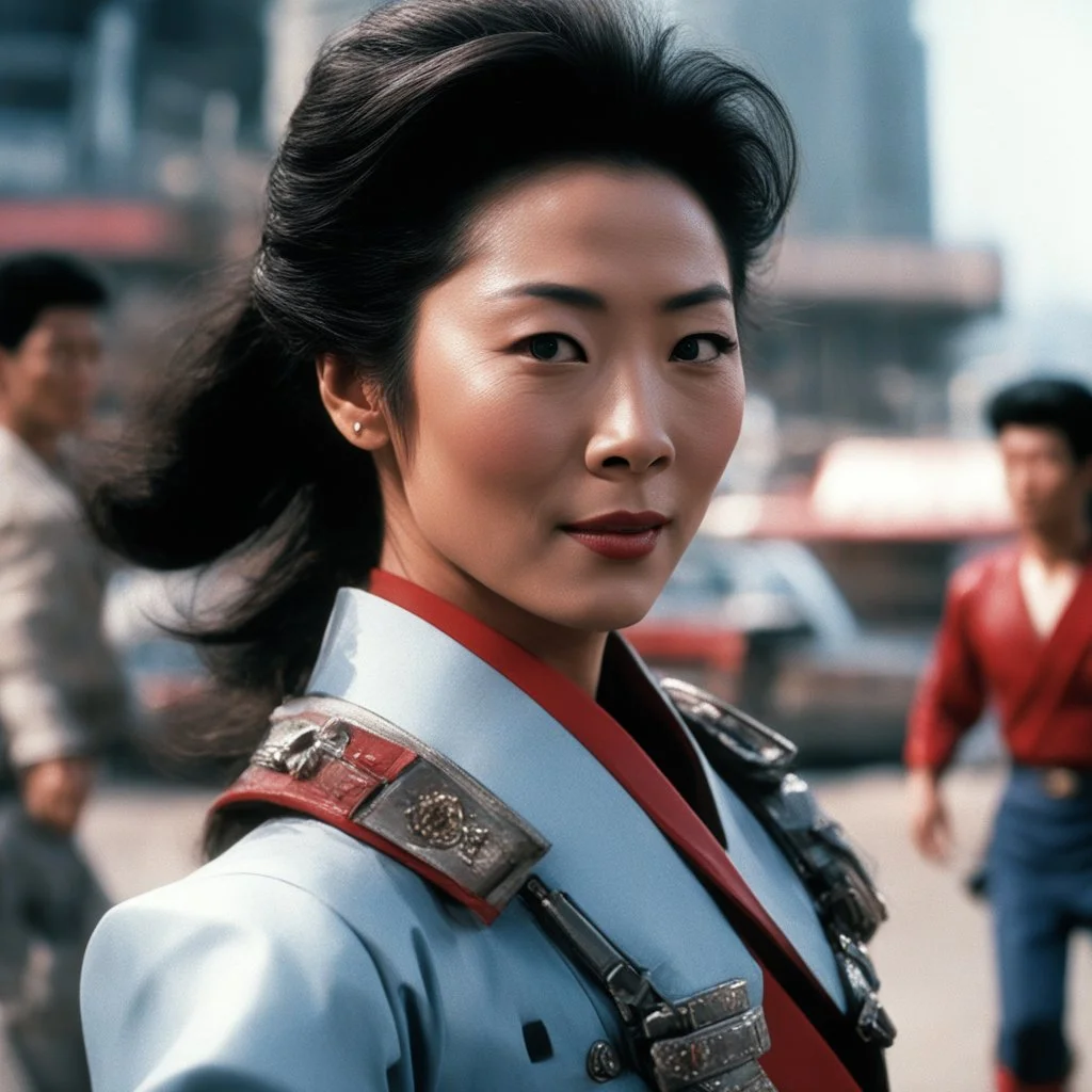 [vintage style noisy scratches glitches, Shot the texture and then rewound the film and double exposed the face] Michelle Yeoh kung-fu fight in the streets of the Adventures of Buckaroo Banzai Across the 8th Dimension