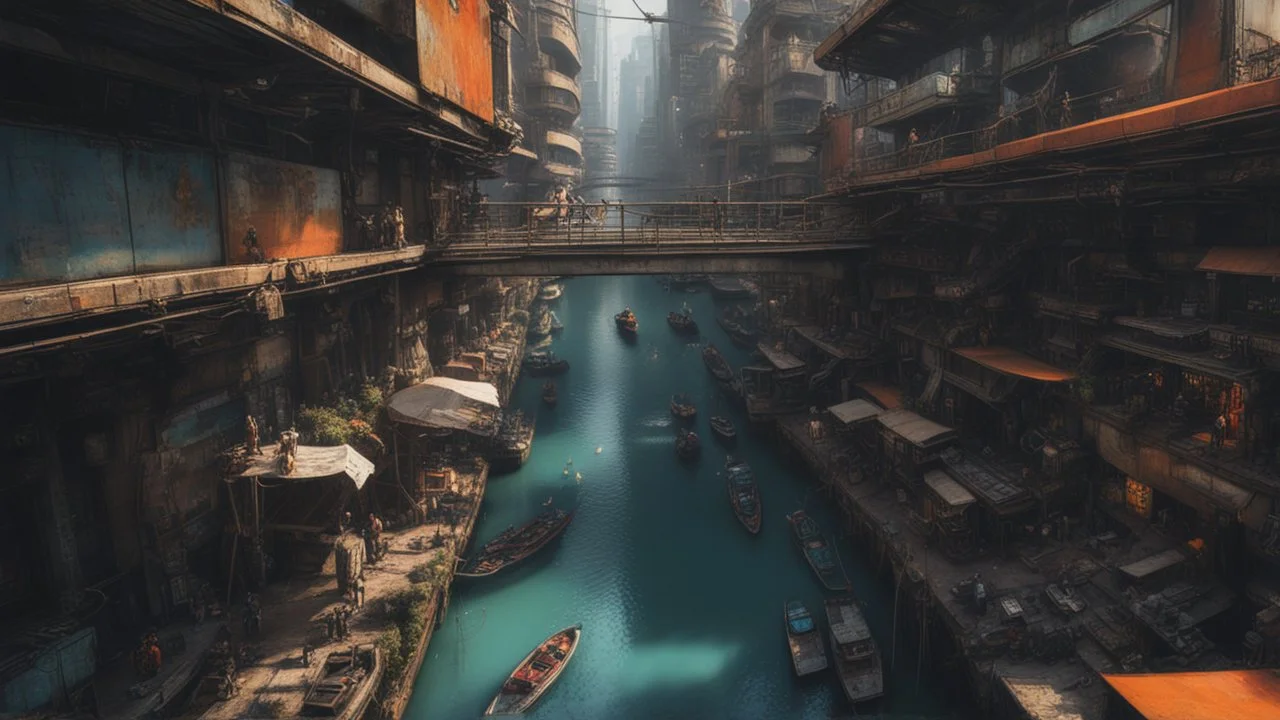 Water-level view of buildings made of reused dirty rusty metal on a futuristic canal junction, cyberpunk, many painted colours, flying boats, balconies, bridges, people, shopping, eating, walking, fifth element, ghost in the shell, altered carbon