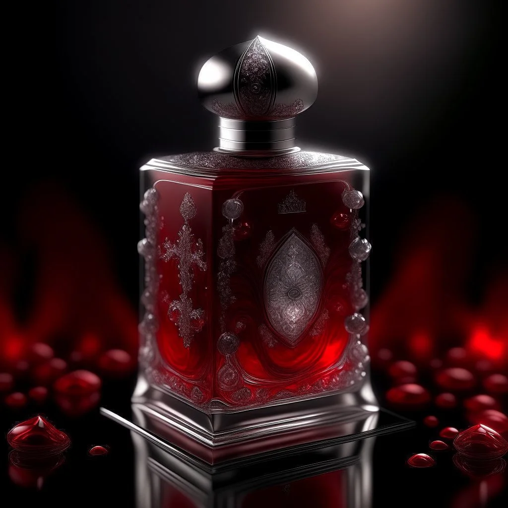 Silver rectangular perfume bottle with red crystal cap and small silver decorations. Illustrative art, art interpretation, concept art, cgsociety contest winner, seasonal art, seasonal art HD, 4k, 8k, intricate, detailed, intricately detailed, luminous, translucent fantasy crystal, holographic data, soft body, shadow play, light, fog, atmospheric, cinematic, light film, hyper-detailed, hyper-realistic, masterpiece, atmospheric, high resolution, 8k, HDR, 500px, mysterious and artistic digital art