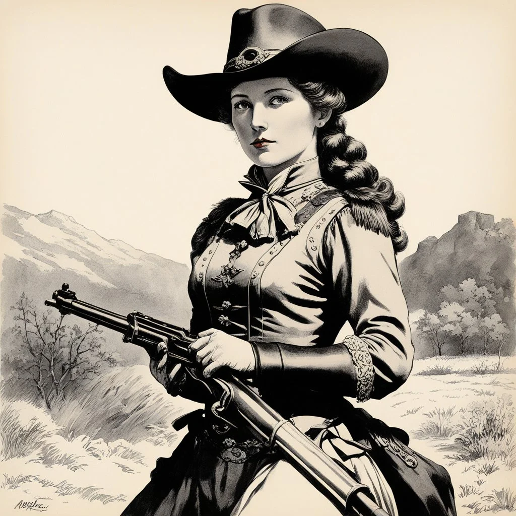 (high res photo in the style of Orion, by Masamune Shirow) Annie Oakley (1860-1926) was an American West performer and sharpshooter who became a symbol of the late nineteenth and early twentieth centuries. She was born in Ohio and started shooting at a young age, relying on her skills to support her family after her father died. Oakley rose to notoriety as a markswoman, winning a number of shooting competitions and starring in shows such as Buffalo Bill’s Wild West. She was known for her accurac