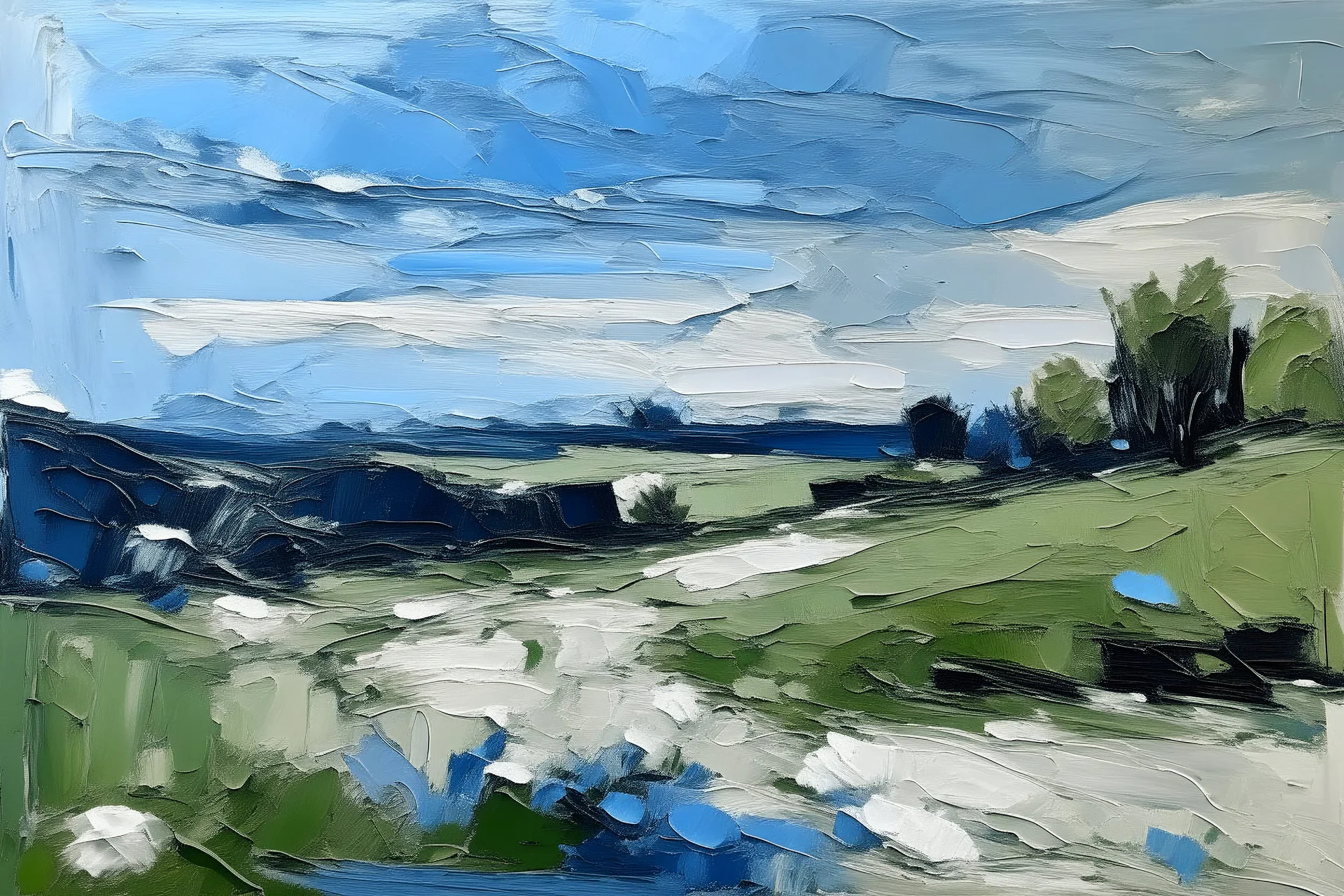 Minimalist English landscape in shades of blue and white impasto oil strokes in the style of frank Auerbach