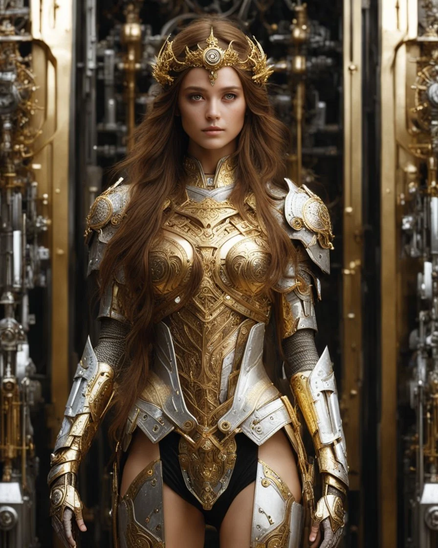 Photography,girl,full body,looking front view,brown long hair, mechanical,delicate gold,silver metalic parts, golden parts, intricate armor, detailed part,Movie Still