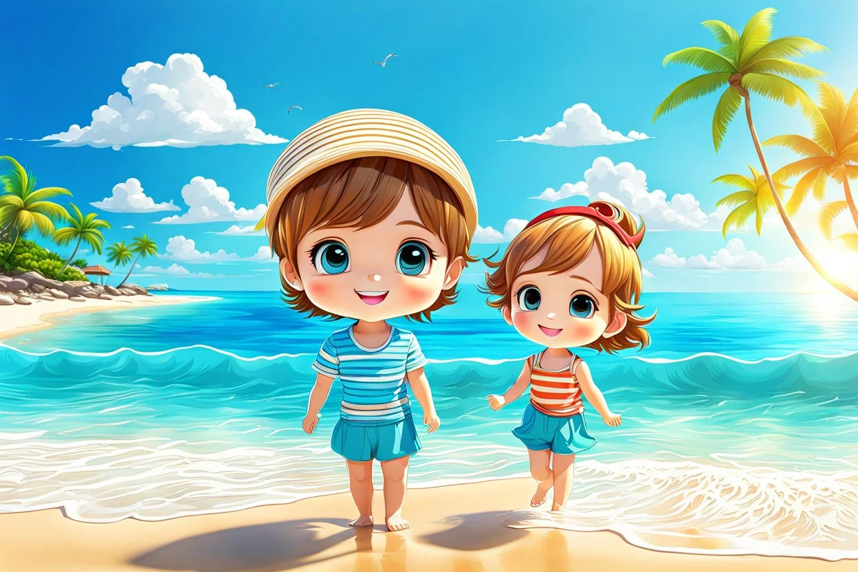 3d digital art of chibi young girl and boy enjoying sunshine on the beach, blue sky, happyness, nice azure sea, vibrant warm colors., detailed, cinematic