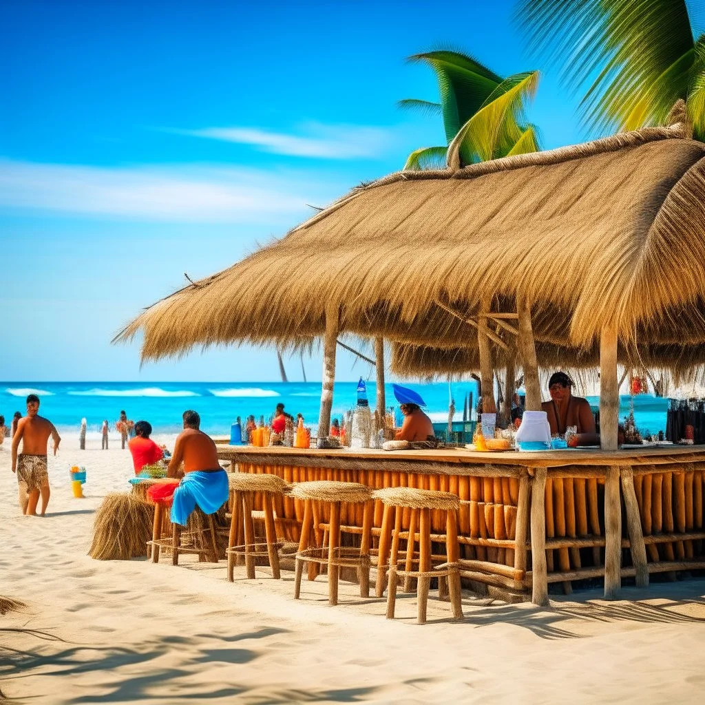 thatched awning tropical beach bar with a coconut theme, busy with tourists in Hawaiian shirts, white sand and coconut trees in background, azure blue water