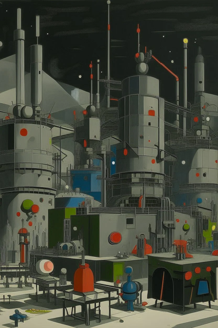 A dark gray robotic factory with bombs painted by Wassily Kandinsky