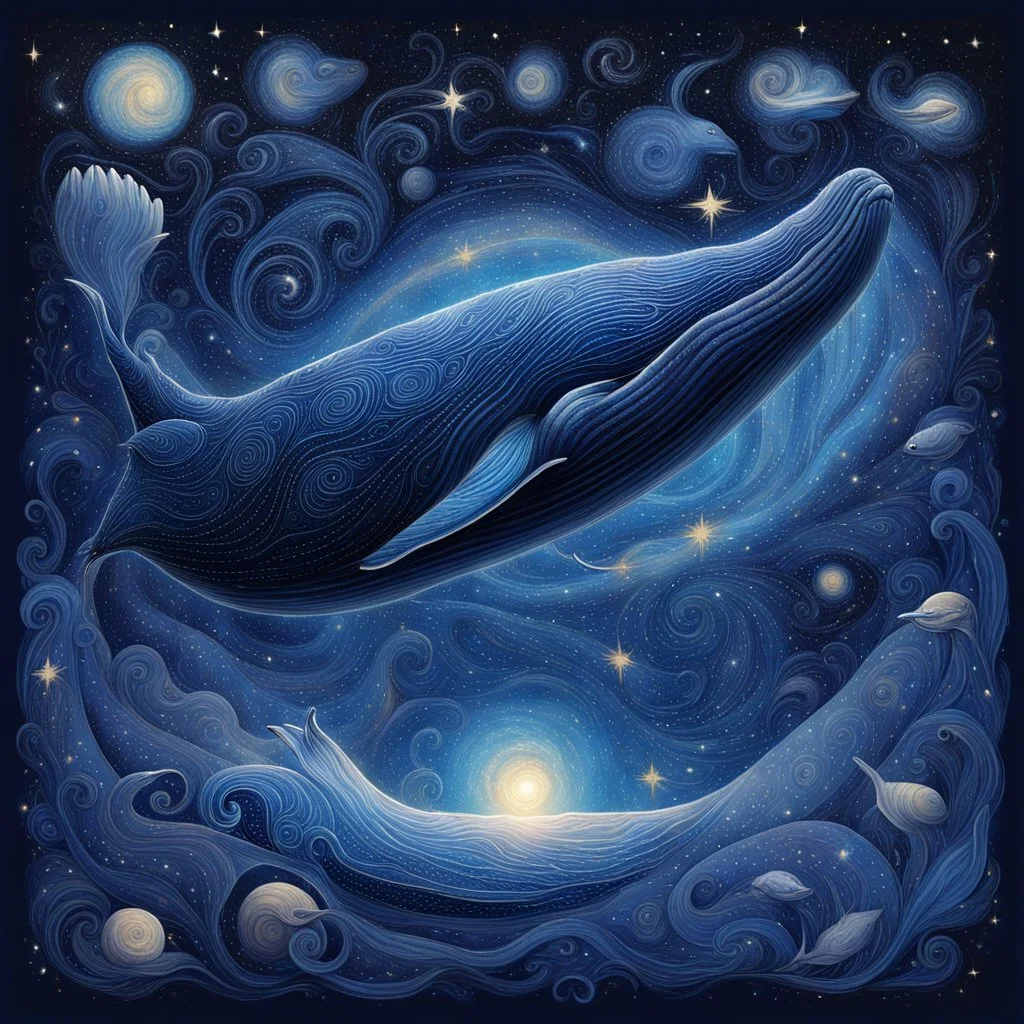 Create an image of a colossal, surreal whale dominating the foreground, blending into a starry night. The whale itself is a deep, cosmic blue with celestial bodies and stardust spiraling within it, suggesting a galaxy. It features intricate patterns and textures that reminisce the surface of a planet. The galaxy is alive with motion, reflecting the light of a super star (blue) that glimmers. The transition is seamless, symbolizing a cosmic fusion of whale and space, hinting at the vast and myste