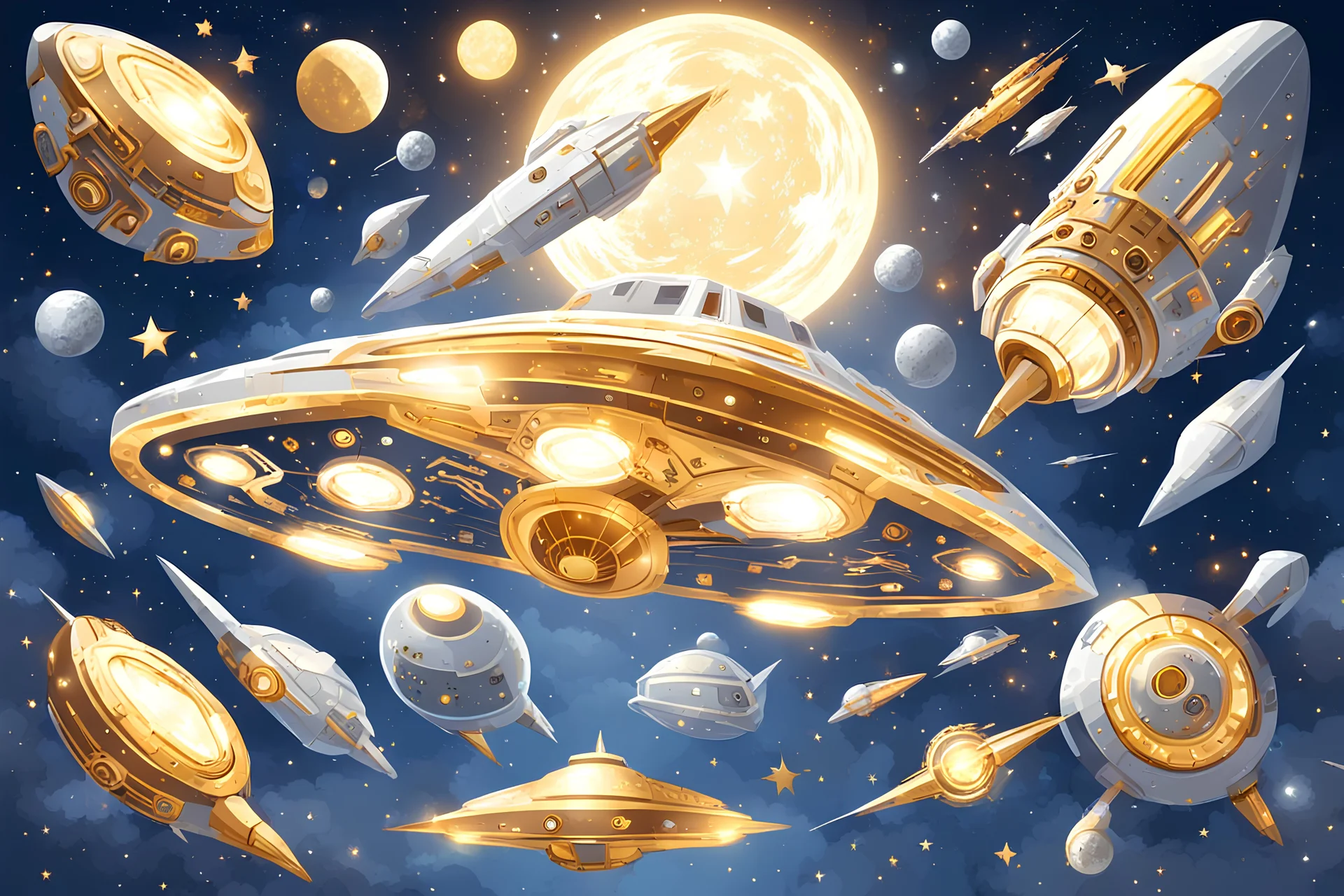 flat round silver and gold light FANTASY spaceships in starry sky